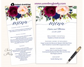 Burgundy blush navy menu cards printable template,(151)